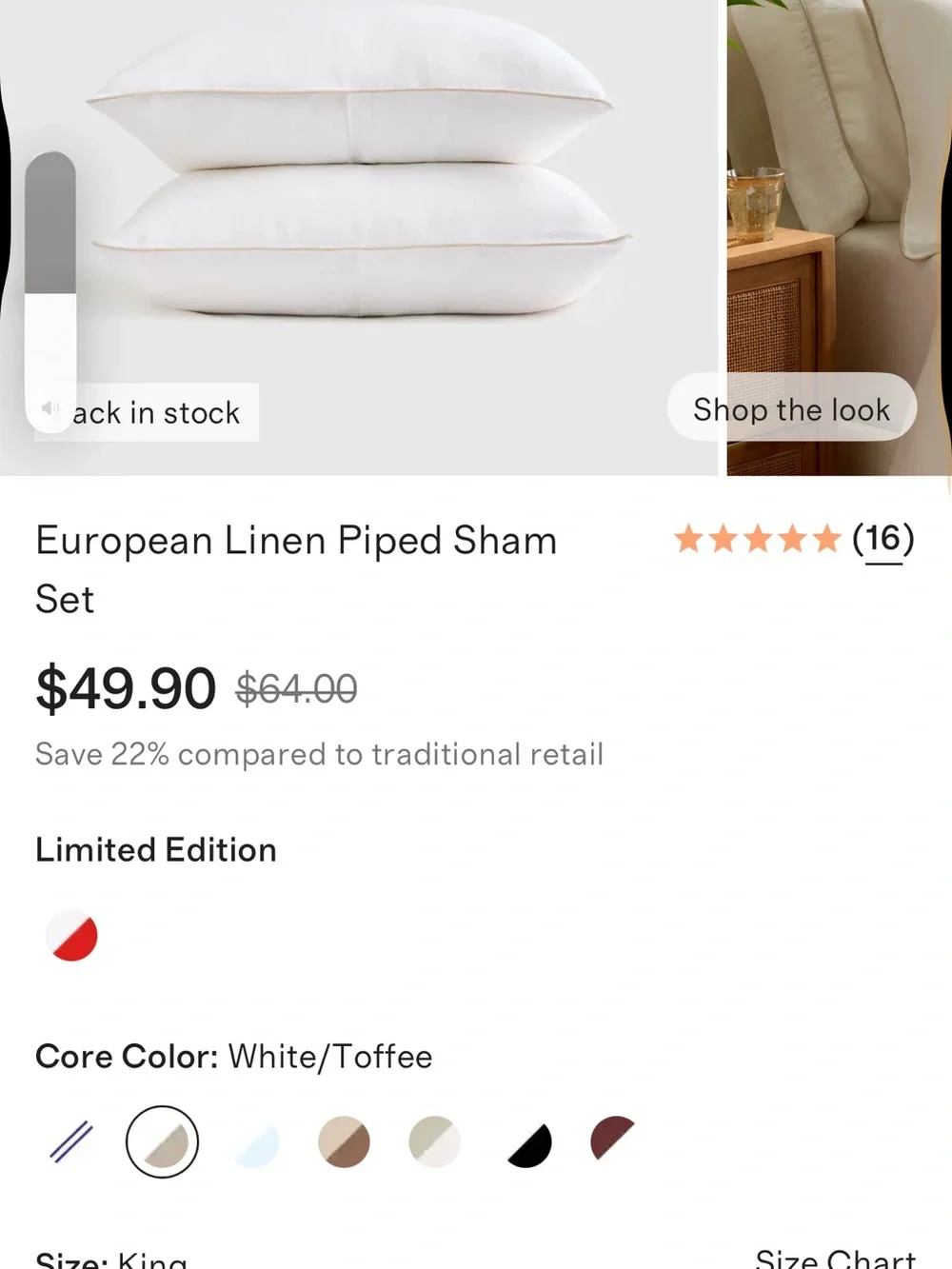 Linen White & Toffee Piped King Sham Set - Retail $50